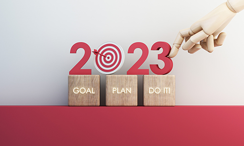 Countdown start new year 2023 with the vision and perspective of planning to achieve goals. concept for the future business and management. in cartoon illustration on red background. 3d rendering